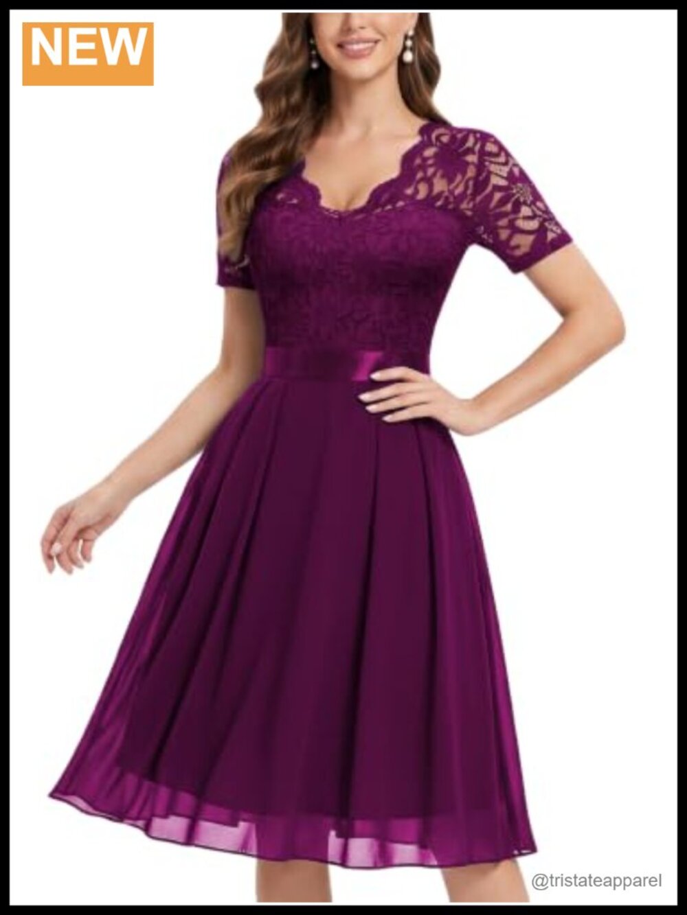 A-Line V-Neck Floral Lace Chiffon Bridesmaid Party Dress Knee Length